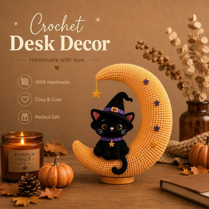 Crochet Black Cat Halloween Decor, Witch Cat on Crescent Moon, Halloween Desk Decor, Door Hanger, Spooky Cat Gift, Handmade Fall Decor