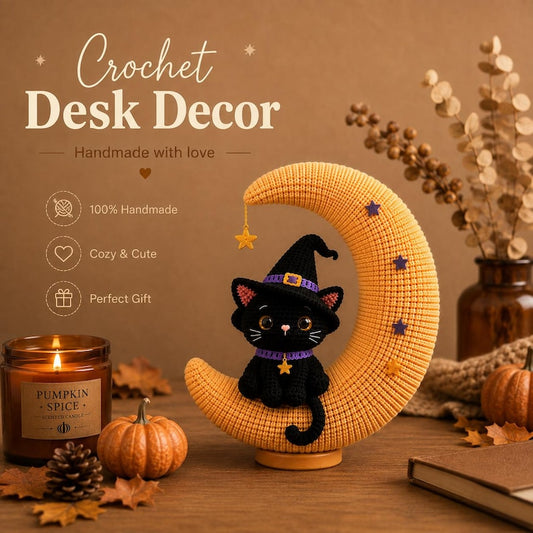 Crochet Black Cat Halloween Decor, Witch Cat on Crescent Moon, Halloween Desk Decor, Door Hanger, Spooky Cat Gift, Handmade Fall Decor