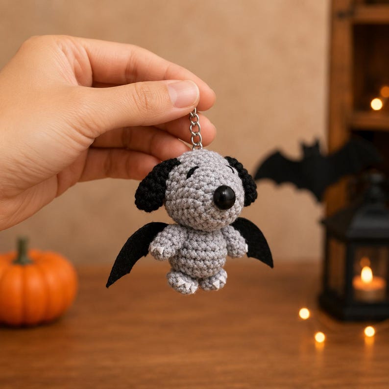 Crochet Halloween Dog Keychain, Handmade Amigurumi Spooky Keyring, Devil, Skeleton, Bat or Pumpkin, Halloween Bag Charm