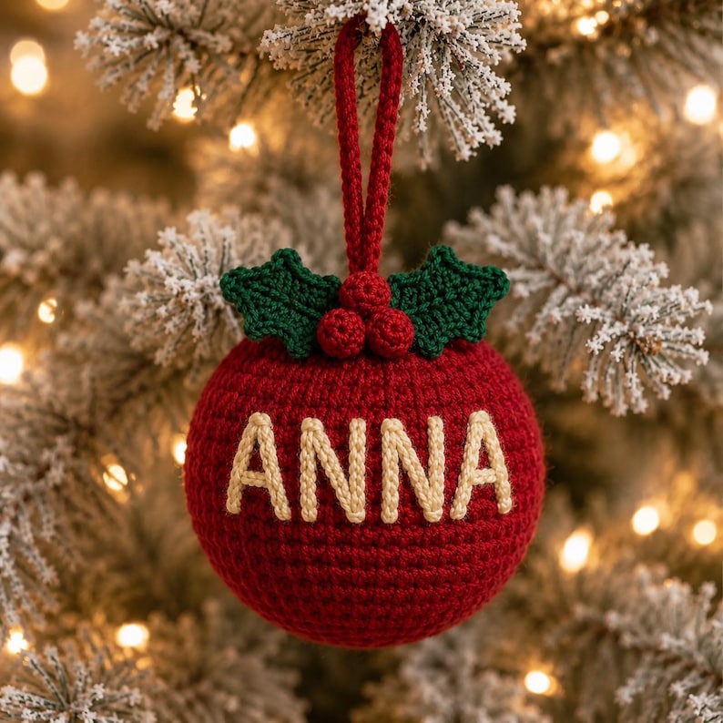 Personalized Crochet Christmas Ornament, Custom Name Bauble, Handmade Tree Decoration, Family Stocking Stuffer, Holiday Gift