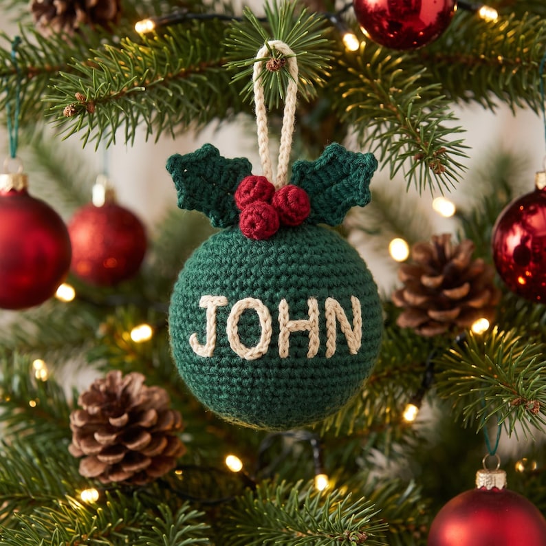 Personalized Crochet Christmas Ornament, Custom Name Bauble, Handmade Tree Decoration, Family Stocking Stuffer, Holiday Gift