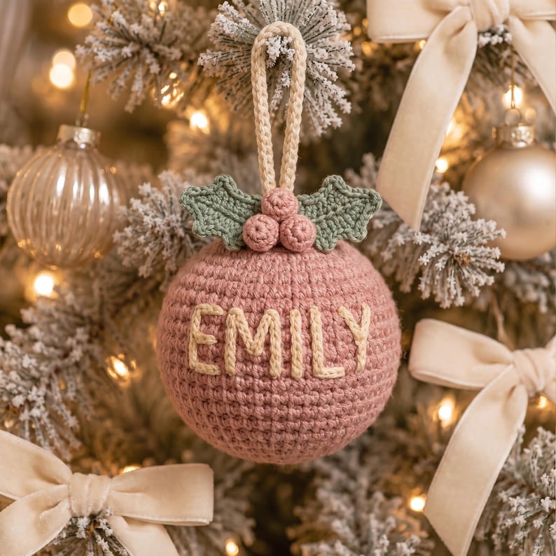 Personalized Crochet Christmas Ornament, Custom Name Bauble, Handmade Tree Decoration, Family Stocking Stuffer, Holiday Gift