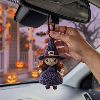 Crochet Witch Car Charm | Handmade Halloween Rearview Mirror Ornament | Kawaii Amigurumi Witch Doll Car Accessory