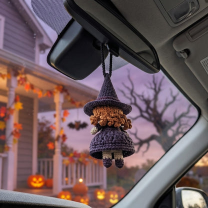 Crochet Witch Car Charm | Handmade Halloween Rearview Mirror Ornament | Kawaii Amigurumi Witch Doll Car Accessory