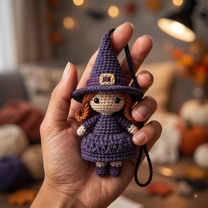 Crochet Witch Car Charm | Handmade Halloween Rearview Mirror Ornament | Kawaii Amigurumi Witch Doll Car Accessory