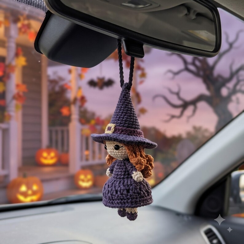 Crochet Witch Car Charm | Handmade Halloween Rearview Mirror Ornament | Kawaii Amigurumi Witch Doll Car Accessory