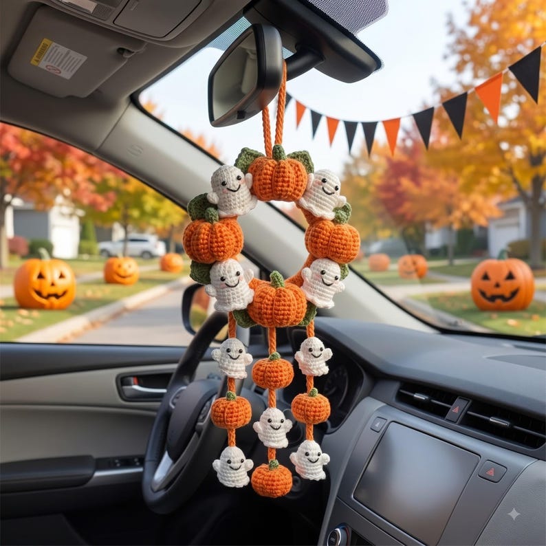 Halloween Car Mirror Charm | Crochet Pumpkin Ghost Wreath Hanging Ornament | Handmade Amigurumi Car Accessory