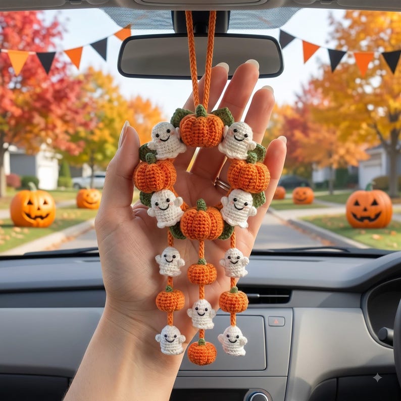 Halloween Car Mirror Charm | Crochet Pumpkin Ghost Wreath Hanging Ornament | Handmade Amigurumi Car Accessory