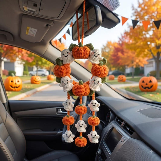 Halloween Car Mirror Charm | Crochet Pumpkin Ghost Wreath Hanging Ornament | Handmade Amigurumi Car Accessory