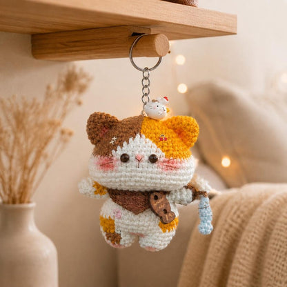 Calico Cat Keychain, Handmade Crochet Amigurumi, Cute Backpack and Car Key Charm
