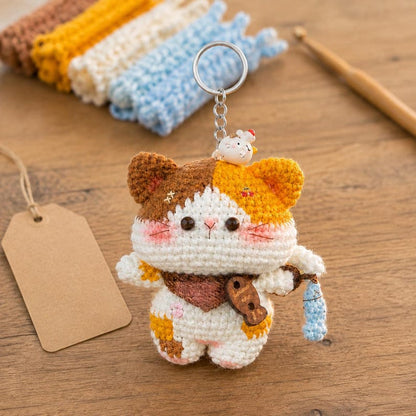 Calico Cat Keychain, Handmade Crochet Amigurumi, Cute Backpack and Car Key Charm