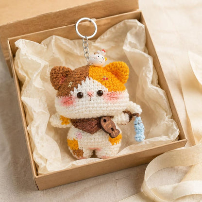 Calico Cat Keychain, Handmade Crochet Amigurumi, Cute Backpack and Car Key Charm
