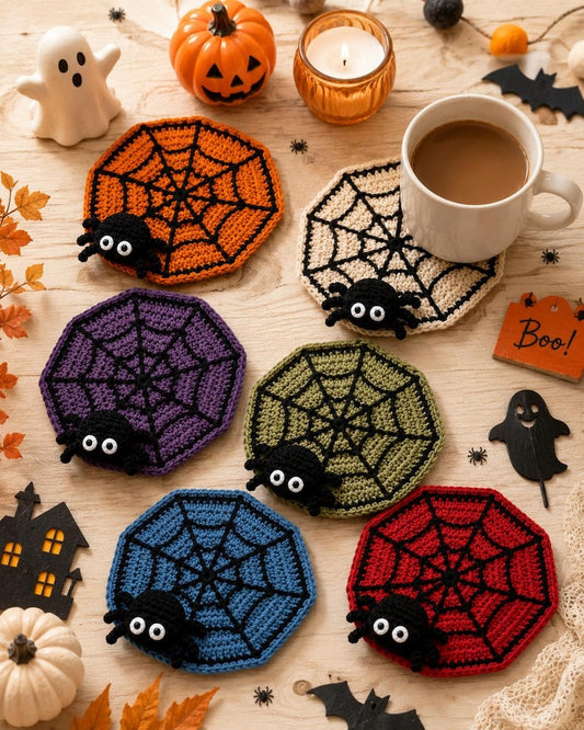 Halloween Crochet Spider Web Coaster,Spider Coaster with Cute Spider, Fall Home Decor,SpookyHalloween Table Decor, Handmade Spider Coasters,
