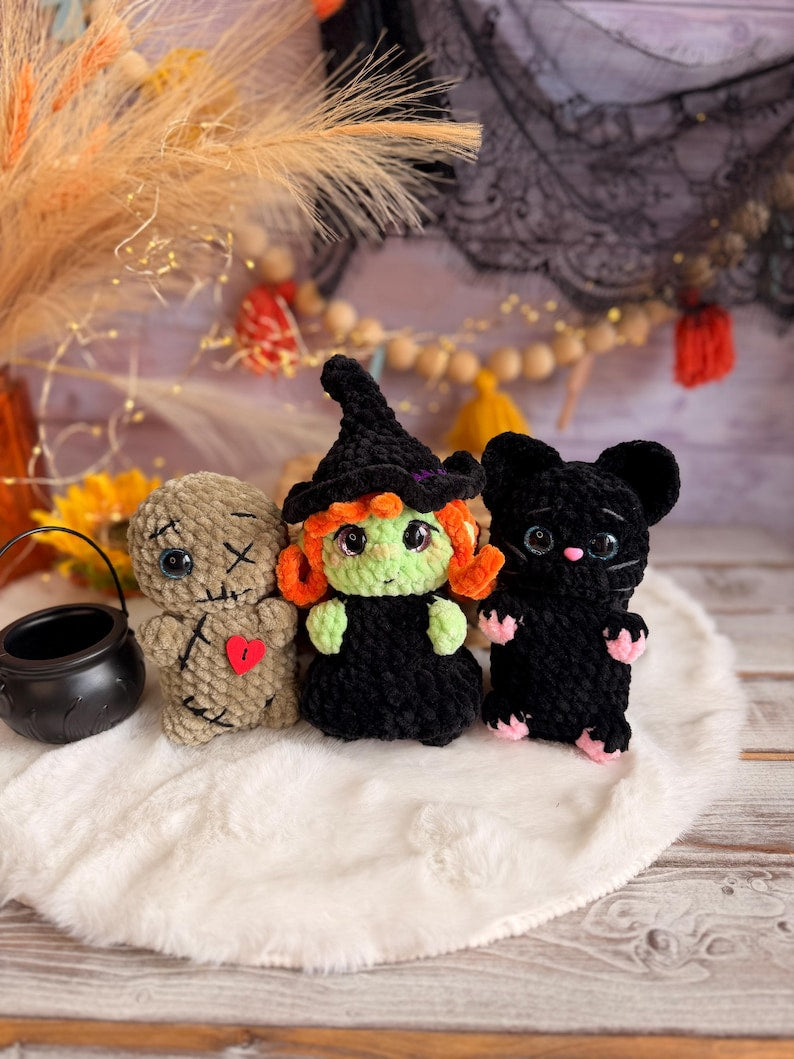 Halloween Crochet Decor, Spooky Amigurumi Witch, Black Cat, Voodoo Doll