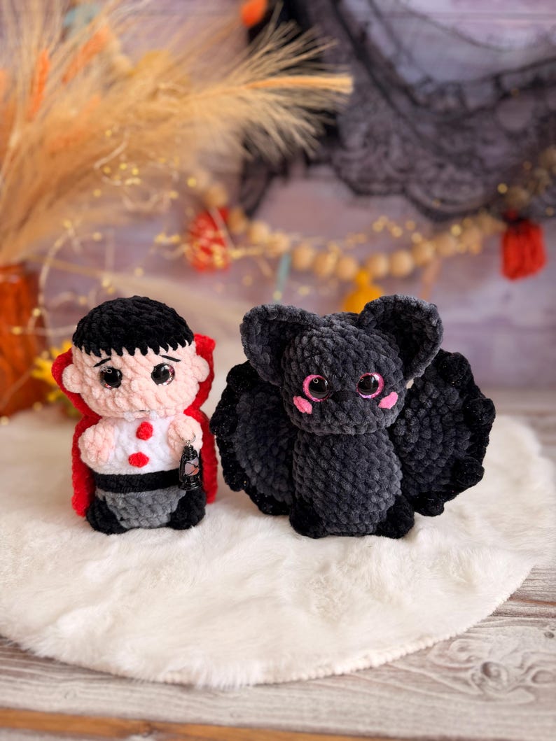 Halloween Crochet Decor, Vampire and Bat, Spooky Amigurumi Figure Set