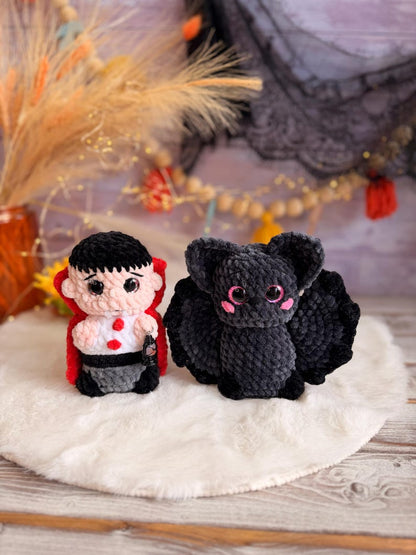 Halloween Crochet Decor, Vampire and Bat, Spooky Amigurumi Figure Set