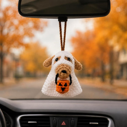 Crochet Ghost Dog Car Charm, Halloween Rearview Mirror Hanging, Cute Ghost Dog with Pumpkin Basket, Handmade Dog Lover Gift