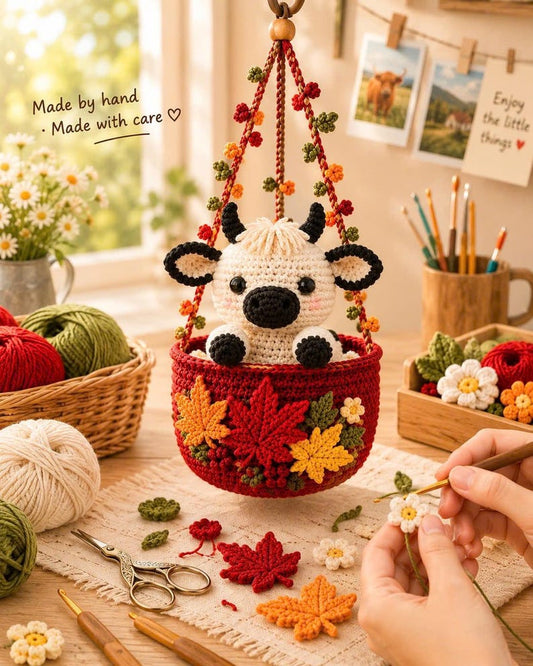 Crochet Highland Cow Car Hanging, Floral Cow Rearview Mirror Charm, Handmade Cow Basket Ornament, Cottagecore Car Decor, Cow Lover Gift