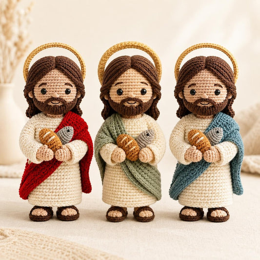 Crochet Jesus Doll, Handmade Amigurumi Catholic Plush with Bread & Fish, Christian Baptism First Communion Gift, Religious Room Altar Decor