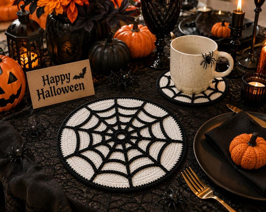 Crochet Spider Web Coaster Set, Halloween Coasters, Handmade Cotton Drink Coasters, Gothic Table Decor, Fall Coffee Mug Mat