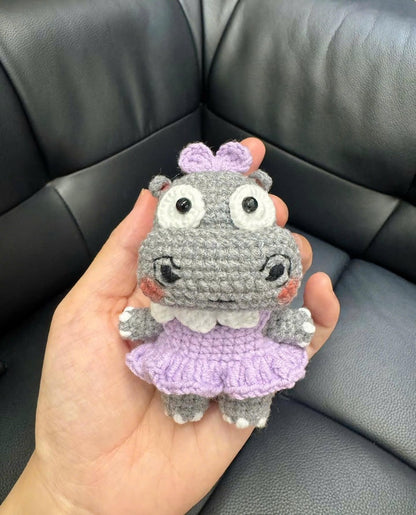 Crochet Hippo Plushie, Cute Amigurumi Hippopotamus Doll, Handmade Purple Dress Animal Toy, Kawaii Nursery Decor, Baby Shower Gift