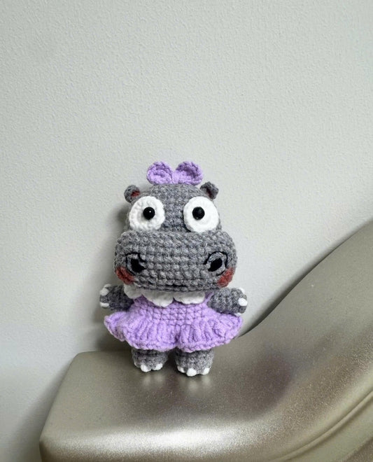 Crochet Hippo Plushie, Cute Amigurumi Hippopotamus Doll, Handmade Purple Dress Animal Toy, Kawaii Nursery Decor, Baby Shower Gift