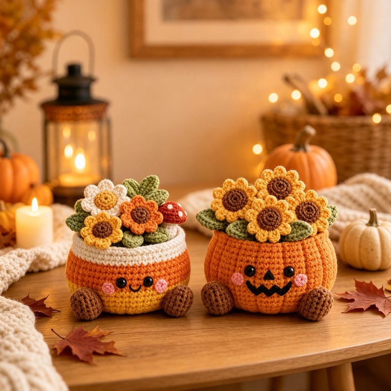 Crochet Halloween Character Flower Pot, Cute Fall Desk Decor, Thanksgiving and Halloween Gift for Coworker, Friend, Family