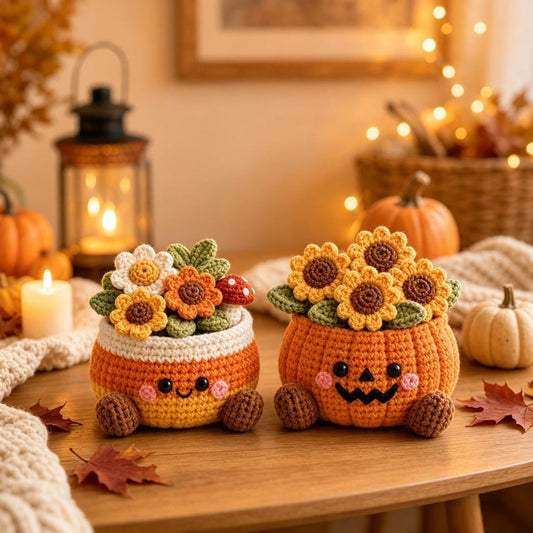 Crochet Halloween Character Flower Pot, Cute Fall Desk Decor, Thanksgiving and Halloween Gift for Coworker, Friend, Family
