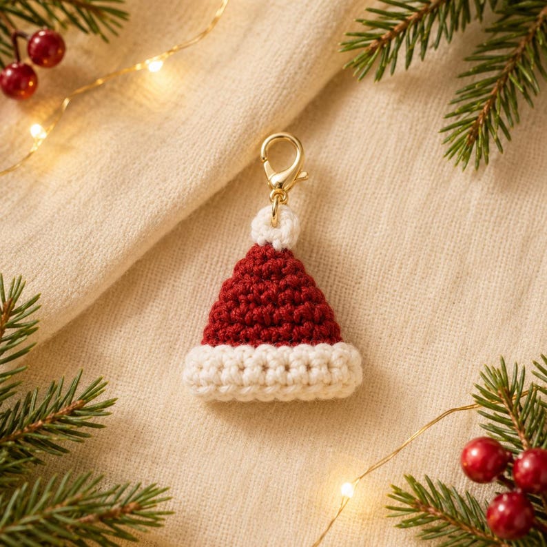 Crochet Christmas Dog Collar Charm, Pet Collar Accessory, Candy Cane Wreath Santa Hat Gift Charm, Handmade Holiday Dog Gift