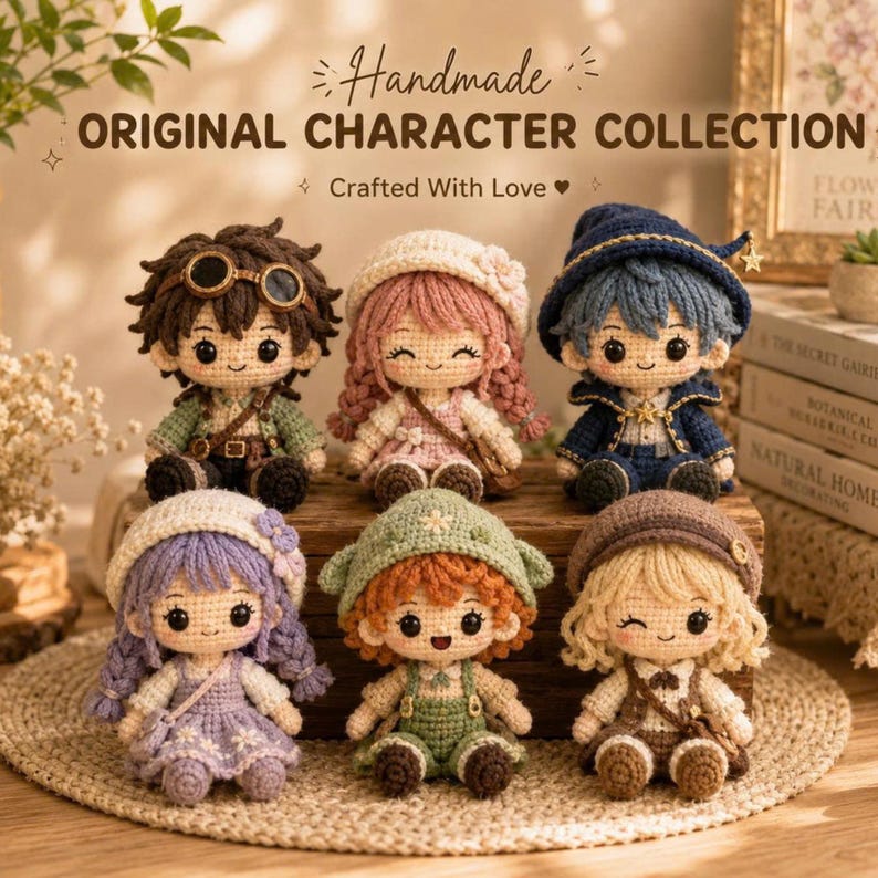 Handmade Crochet Original Character Collection, Cute Amigurumi Doll Set, Fantasy Plush Decor, Kawaii Crochet Gift, Desk Shelf Decoration