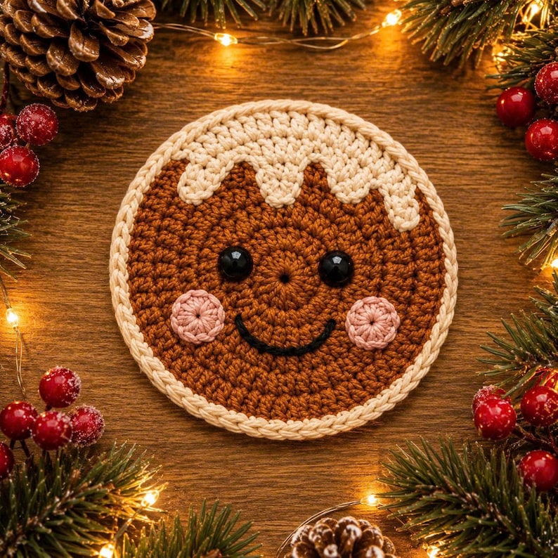 Crochet Christmas Coaster, Snowman Gingerbread Peppermint Mug Mat, Handmade Holiday Table Decor, Christmas Gift for Hostess