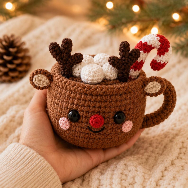 Crochet Christmas Mug Plush, Holiday Cup Decor, Elf Penguin Reindeer Snowman, Gingerbread Christmas Gift, Winter Home Decor