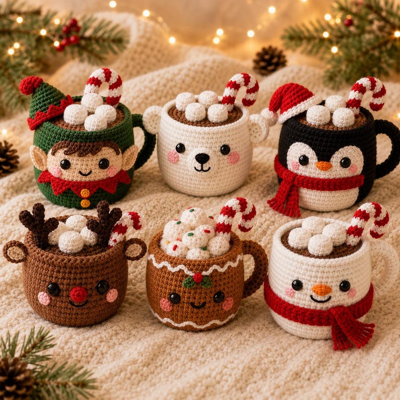 Crochet Christmas Mug Plush, Holiday Cup Decor, Elf Penguin Reindeer Snowman, Gingerbread Christmas Gift, Winter Home Decor