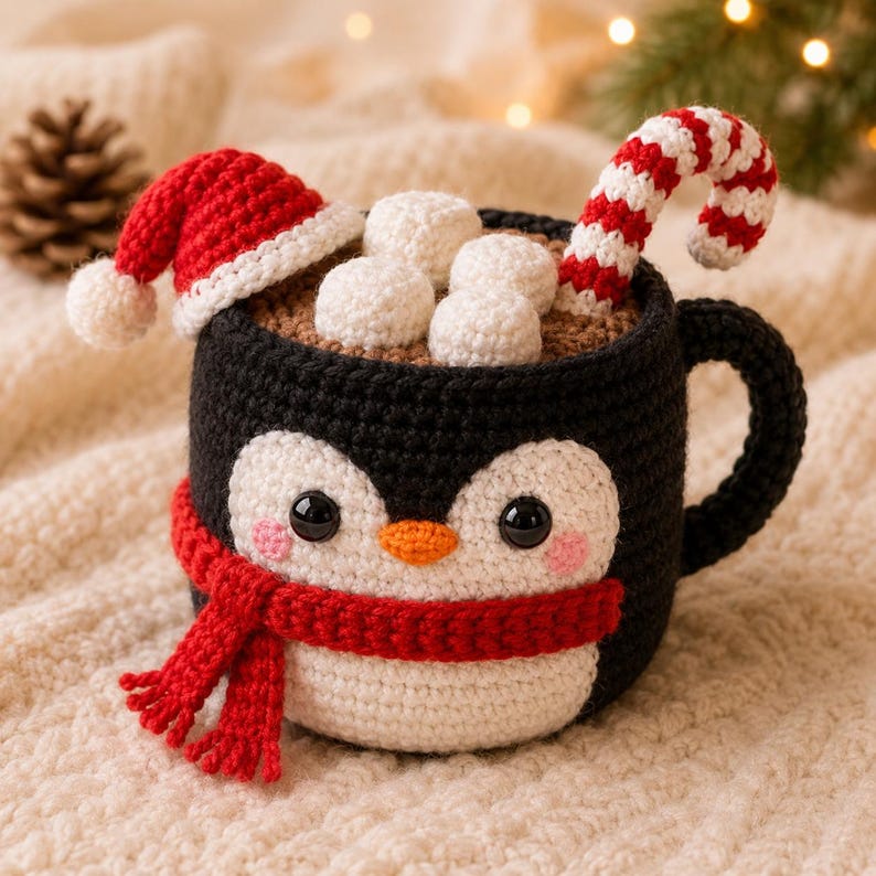 Crochet Christmas Mug Plush, Holiday Cup Decor, Elf Penguin Reindeer Snowman, Gingerbread Christmas Gift, Winter Home Decor