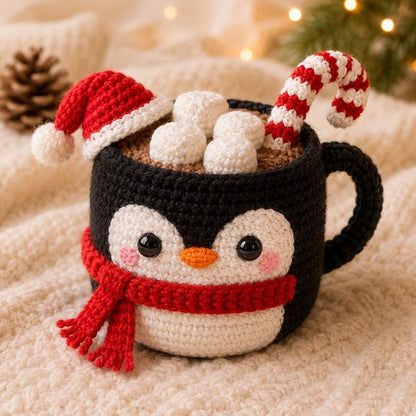 Crochet Christmas Mug Plush, Holiday Cup Decor, Elf Penguin Reindeer Snowman, Gingerbread Christmas Gift, Winter Home Decor