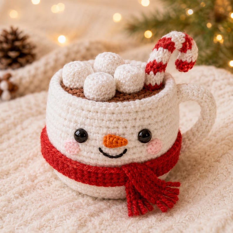 Crochet Christmas Mug Plush, Holiday Cup Decor, Elf Penguin Reindeer Snowman, Gingerbread Christmas Gift, Winter Home Decor