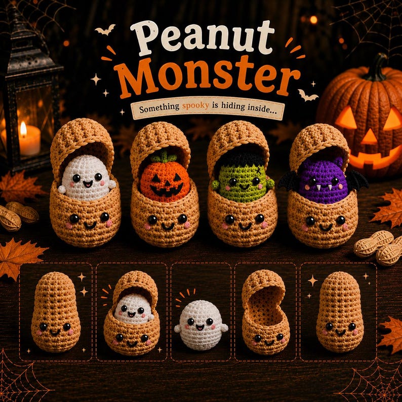 Peanut Monster Crochet Plush, Halloween Surprise Peanut, Ghost Pumpkin Bat Frankenstein Amigurumi, Spooky Fidget Toy, Cute Halloween Gift