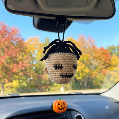 Crochet Halloween Car Hanging, Handmade Stitch Face Rearview Mirror Charm
