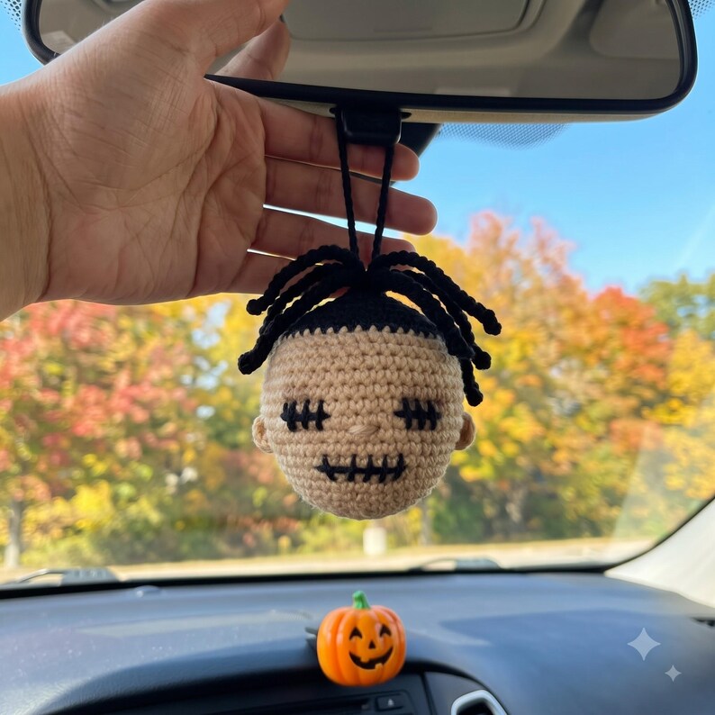 Crochet Halloween Car Hanging, Handmade Stitch Face Rearview Mirror Charm