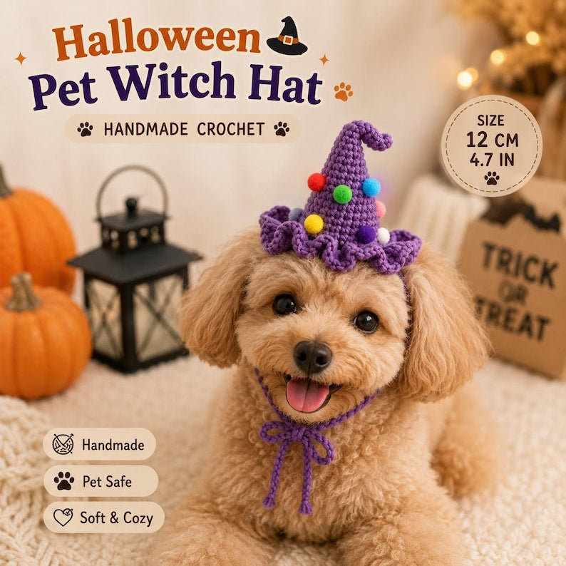Crochet Halloween Pet Witch Hat, Dog & Cat Costume Hat, Handmade Purple Witch Hat, Small Big Sizes, Cute Pet Halloween Outfit
