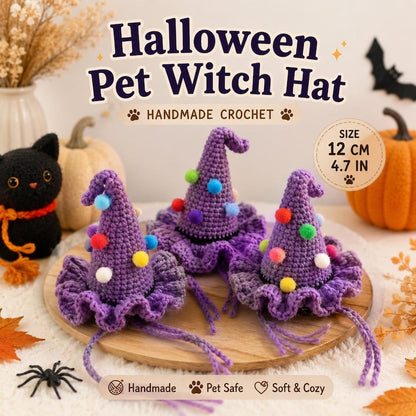 Crochet Halloween Pet Witch Hat, Dog & Cat Costume Hat, Handmade Purple Witch Hat, Small Big Sizes, Cute Pet Halloween Outfit