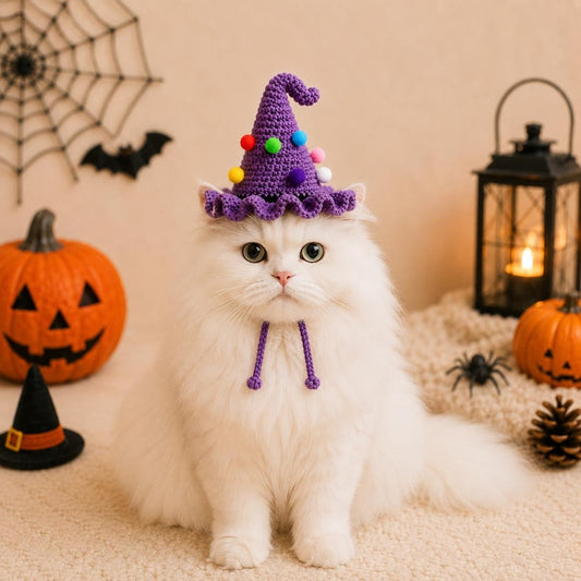 Crochet Halloween Pet Witch Hat, Dog & Cat Costume Hat, Handmade Purple Witch Hat, Small Big Sizes, Cute Pet Halloween Outfit