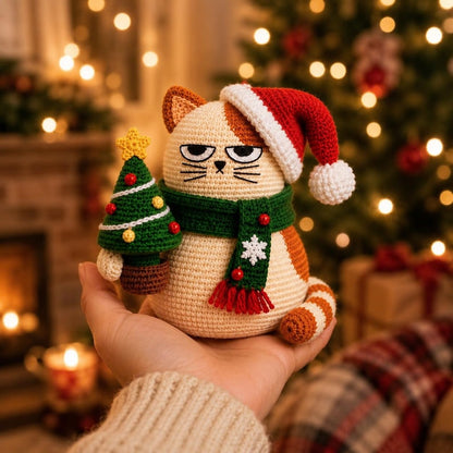 Christmas Crochet Cat Doll, Sleepy Dog Amigurumi, Santa Hat Plush Holding Tree, Funny Holiday Gift, Handmade Christmas Decor