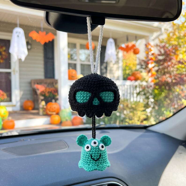 Handmade Halloween Skull Crochet Car Mirror Charm with Spooky Ghost