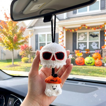 Handmade Halloween Skull Crochet Car Mirror Charm with Spooky Ghost