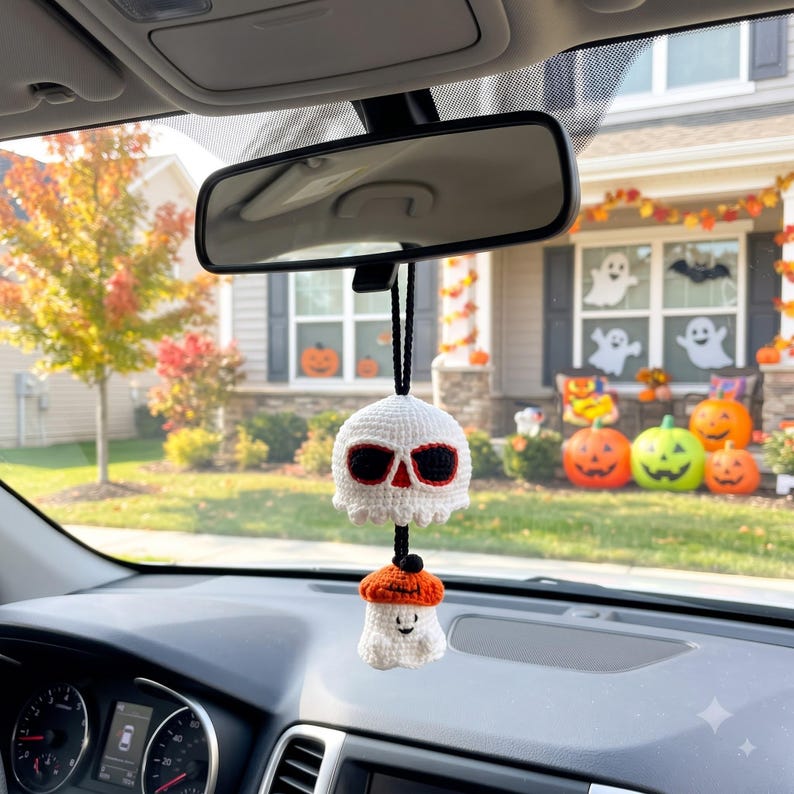 Handmade Halloween Skull Crochet Car Mirror Charm with Spooky Ghost