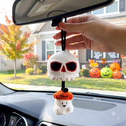 Handmade Halloween Skull Crochet Car Mirror Charm with Spooky Ghost