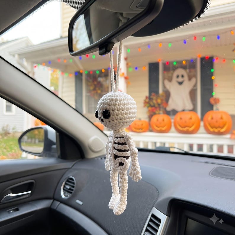Crochet Skeleton Car Charm | Halloween Rear View Mirror Hanging