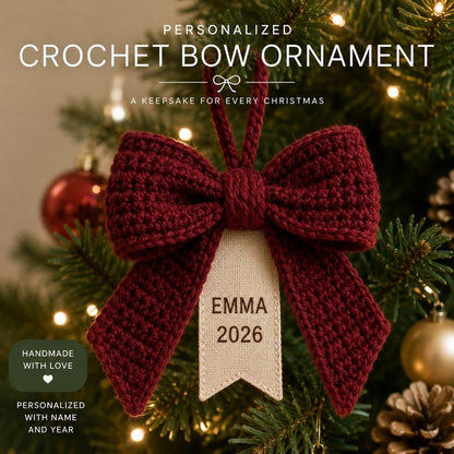 Personalized Crochet Bow Ornament, Custom Name Christmas Ornament, 2026 Christmas Keepsake, Handmade Bow Tree Decor, Family Holiday Gift