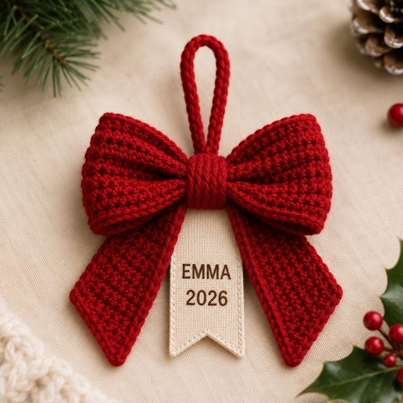 Personalized Crochet Bow Ornament, Custom Name Christmas Ornament, 2026 Christmas Keepsake, Handmade Bow Tree Decor, Family Holiday Gift